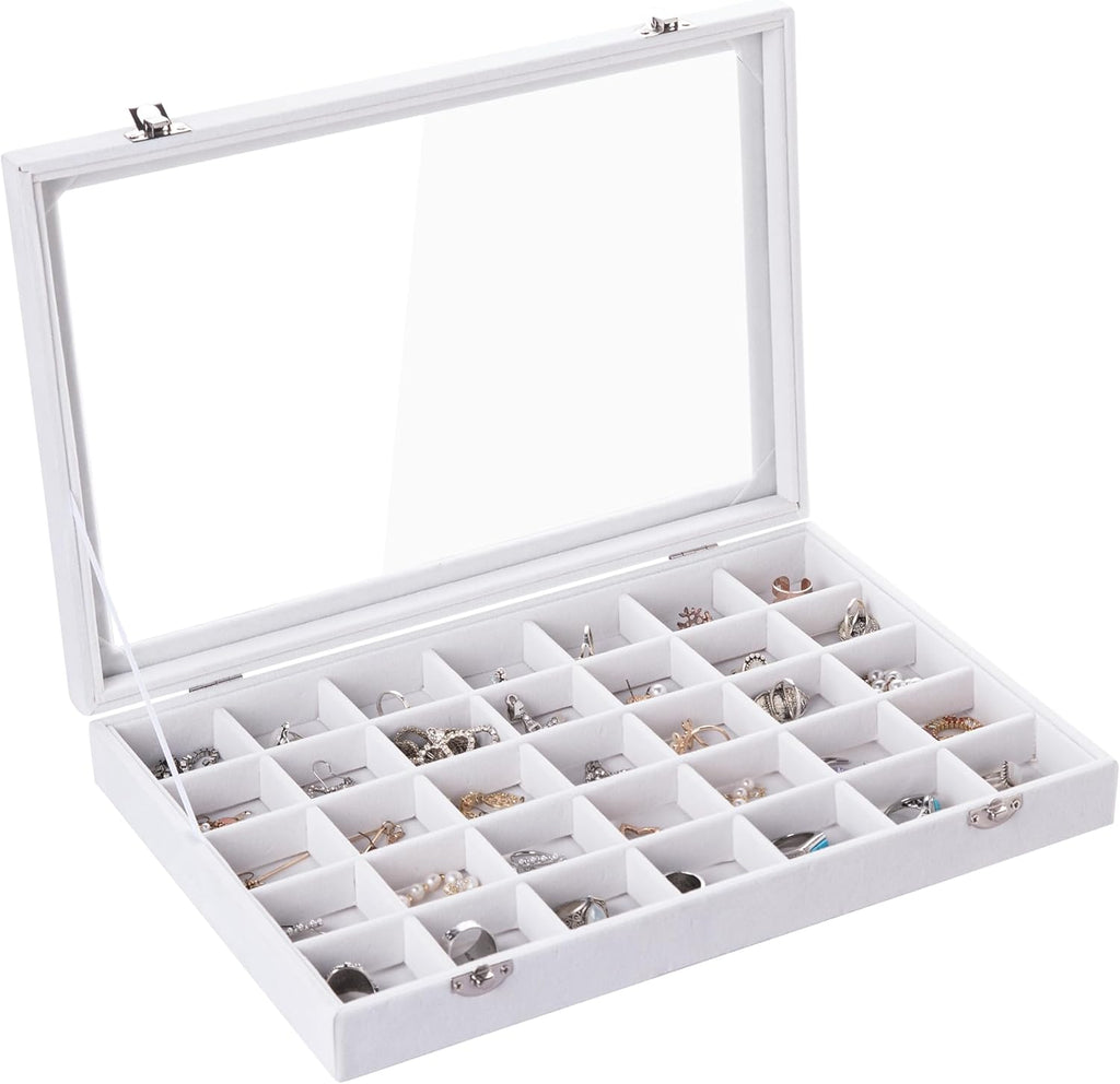 Frebeauty Velvet Jewelry Tray,35 Grid Jewelry Organizer with Clear Lid,Earring Holder Organizer Case with Clasp,Drawer Insert for Rings Studs,13.8 x 9.5 x 2 Inches,Gift for Women Girls(White)