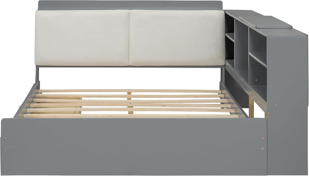 Peanu Full Bed Frame, Storage Headboard, Gray Upholstered Wood