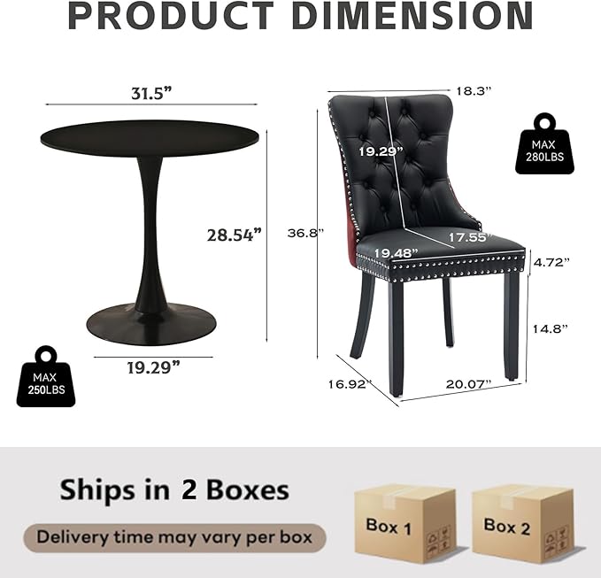 3-Pieces 31.5" Round Dining Table Set for 2, Black Dining Table & PU and Velvet Upholstered Dining Chairs Set of 2 for Kitchen Dining Room Apartment Small Space(Wine Red &Black Chairs)