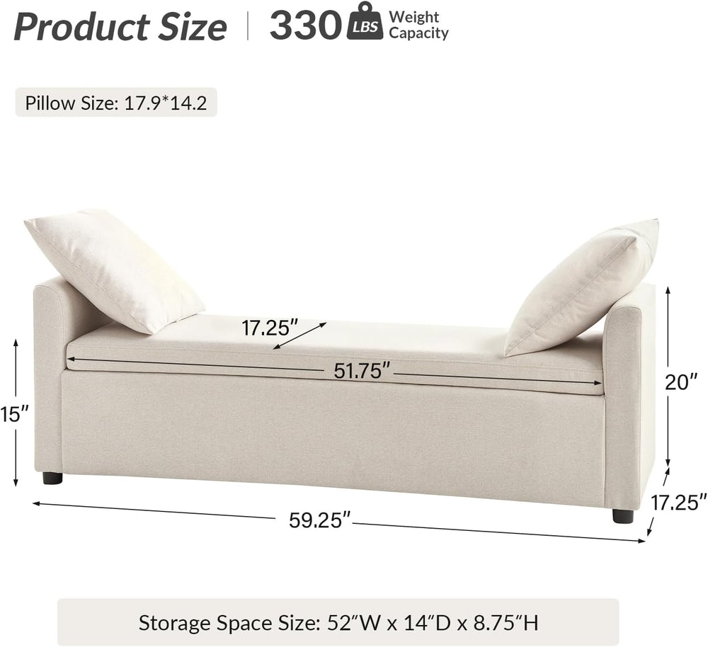 HULALA HOME 59" Storage Bench with 2 Throw Pillows, Modern Long Bedroom ...