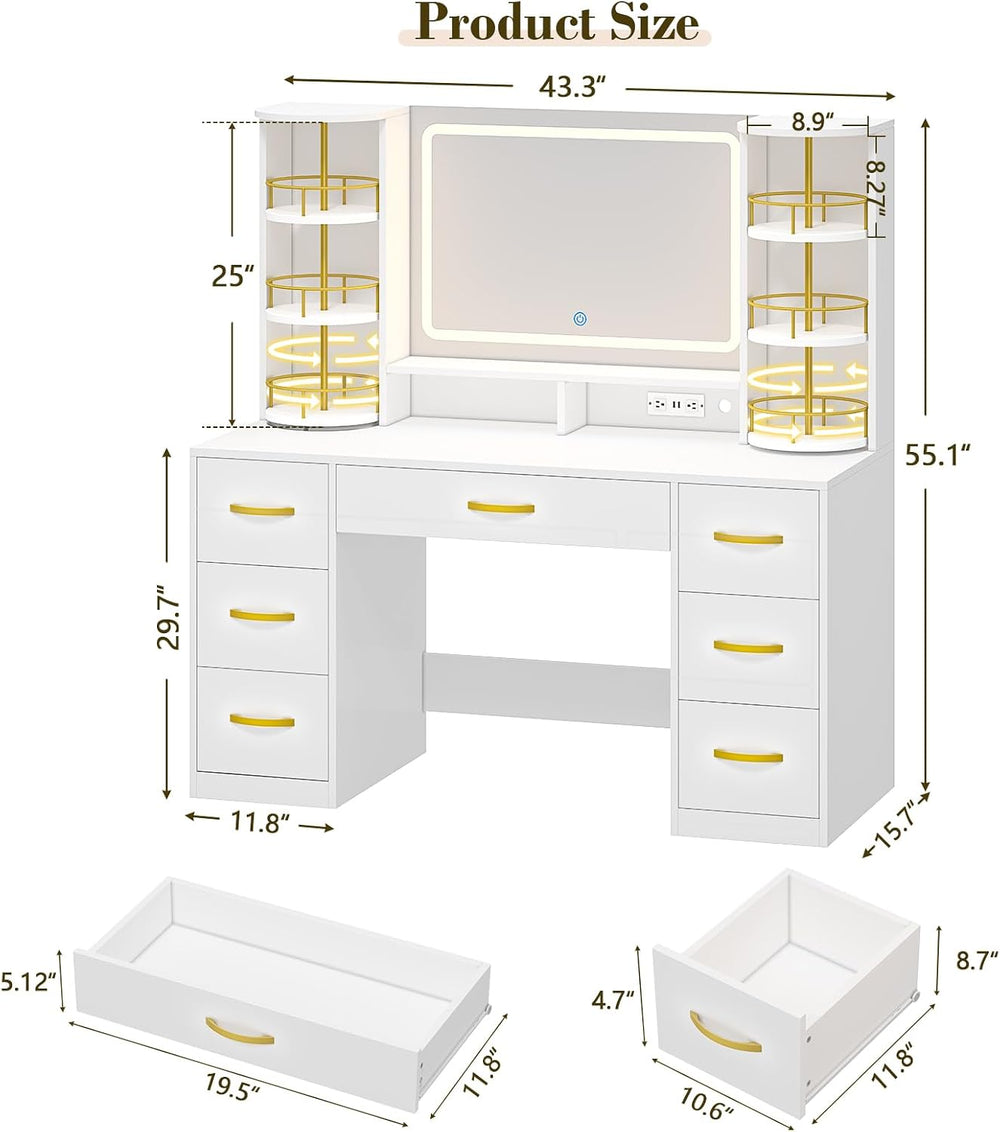 Vanity Desk with Mirror and Lights, 360° Rotating Shelves, 7 Drawers | White ...