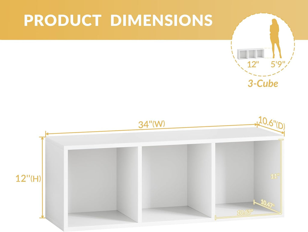 IOTXY DIY Modular Cube Bookcase - CubeXY Customizable Stackable Expandable Basic Shelving Units, 3-Cube Wooden Open Bookshelf for Fabric Storage Bin Organizer, White