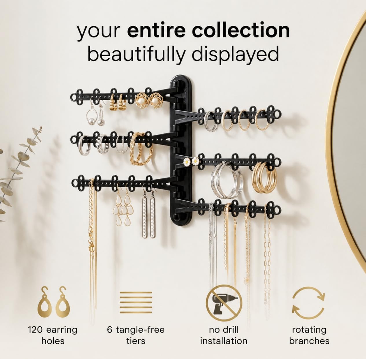 6-Tier Hanging Wall Jewelry Organizer, Earring, Necklace, Ring Holder-Black | Large Capacity with 120 Earring Holes, Rotating Branches, Includes 3M Command Strips, Bracelet, Ring & Necklace Storage