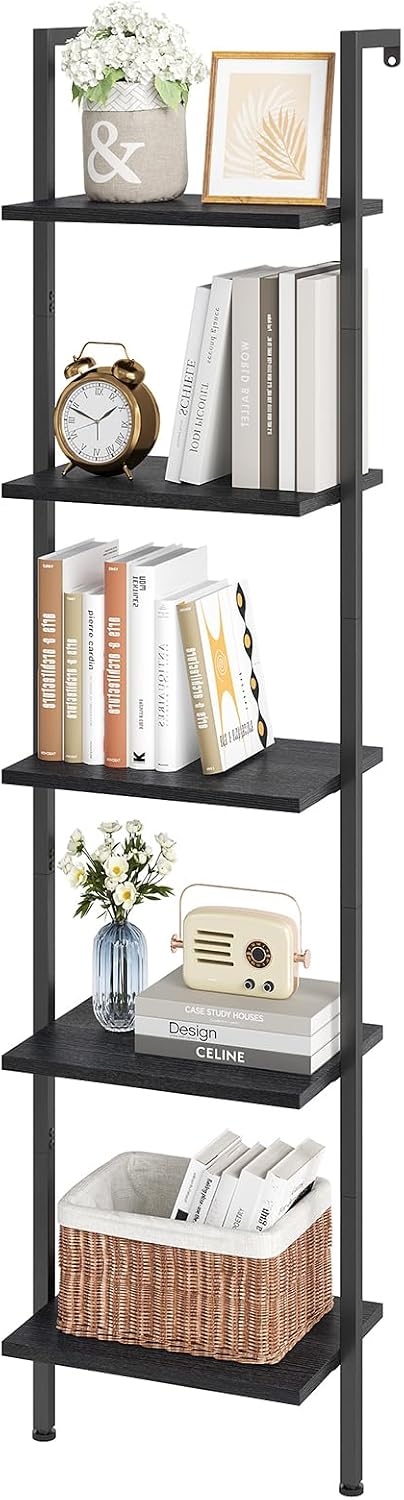 ELYKEN Ladder Shelf, 5-Tier Wood Wall Mounted Ladder Bookshelf | Leaning Storage Shelves with Metal Frame, Vintage Open Display Organizer Rack for Living Room, Bedroom, Home Office, Black