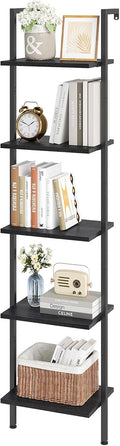 ELYKEN Ladder Shelf, 5-Tier Wood Wall Mounted Ladder Bookshelf | Leaning Storage Shelves with Metal Frame, Vintage Open Display Organizer Rack for Living Room, Bedroom, Home Office, Black