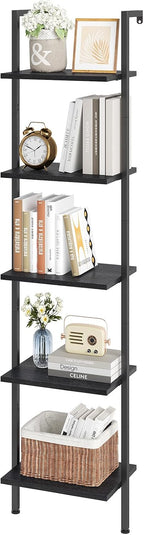 ELYKEN Ladder Shelf, 5-Tier Wood Wall Mounted Ladder Bookshelf | Leaning Storage Shelves with Metal Frame, Vintage Open Display Organizer Rack for Living Room, Bedroom, Home Office, Black