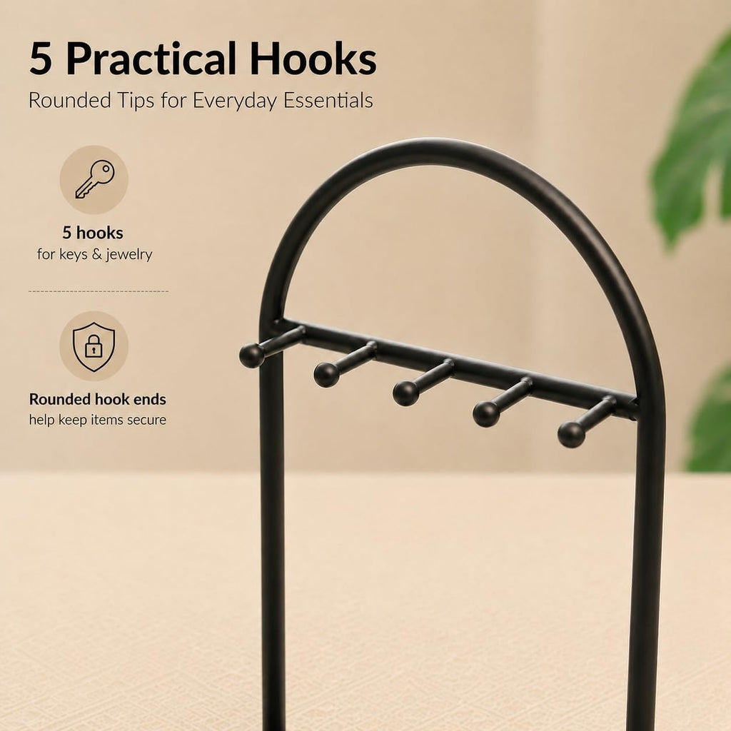 Shinpuru Key Holder Tray, Metal Stand with Leather Tray, 5 Hooks(Black) | Keys and Jewelry Organizer