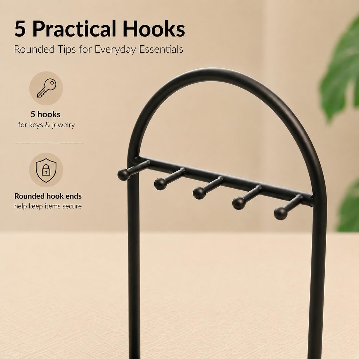Shinpuru Key Holder Tray, Metal Stand with Leather Tray, 5 Hooks(Black) | Keys and Jewelry Organizer