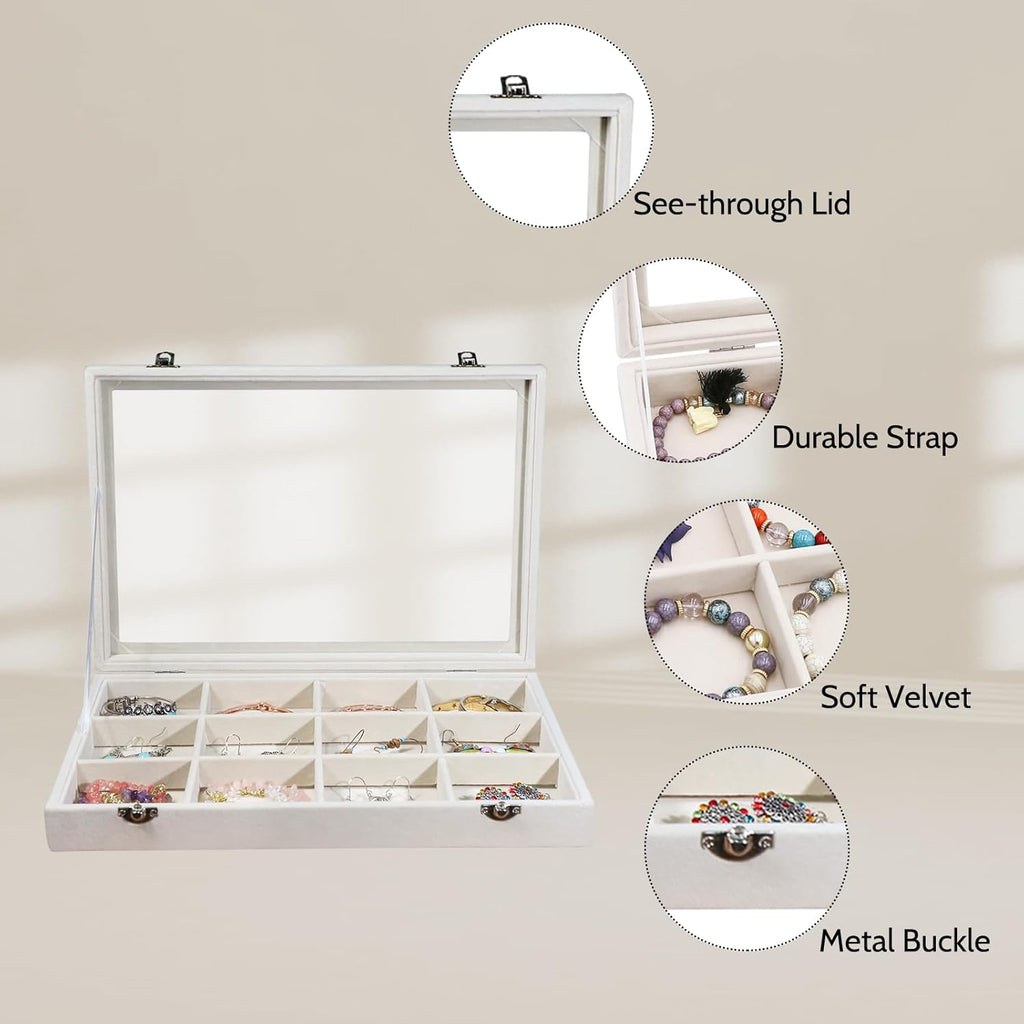 Stratalife Jewelry Organizer Bracelet Organizer Storage Box 12 Grid Stackable Jewelry Tray with Lid Velvet Jewelry Box for Drawer Necklace Bracelet Display Storage Organizer Box (Beige)