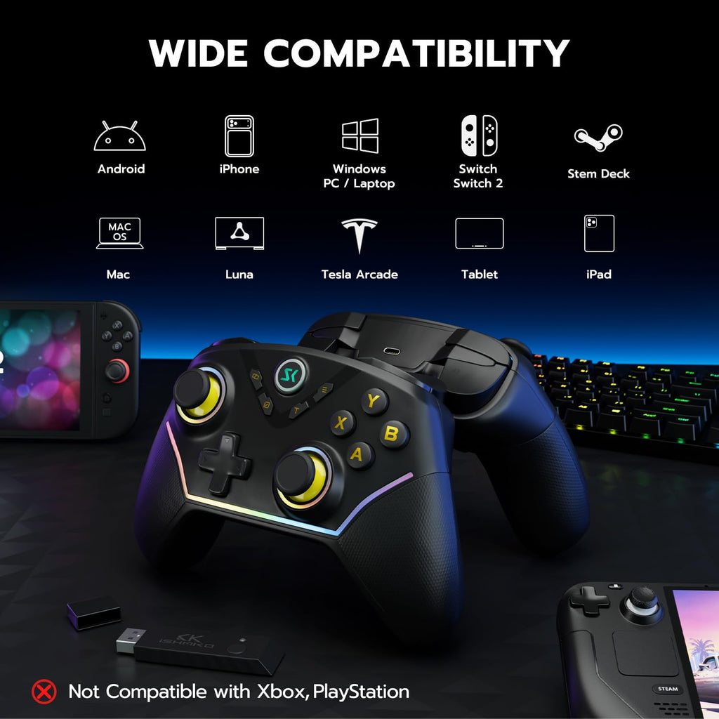 ISHAKO PC Gaming Controller - Wireless/Bluetooth Controller with 1200mAh Battery, 4-Back Buttons, Hall Effect Joysticks&Triggers, Work for Windows PC, Steam, Luna, Tesla, Mac, Android and Switch - Black