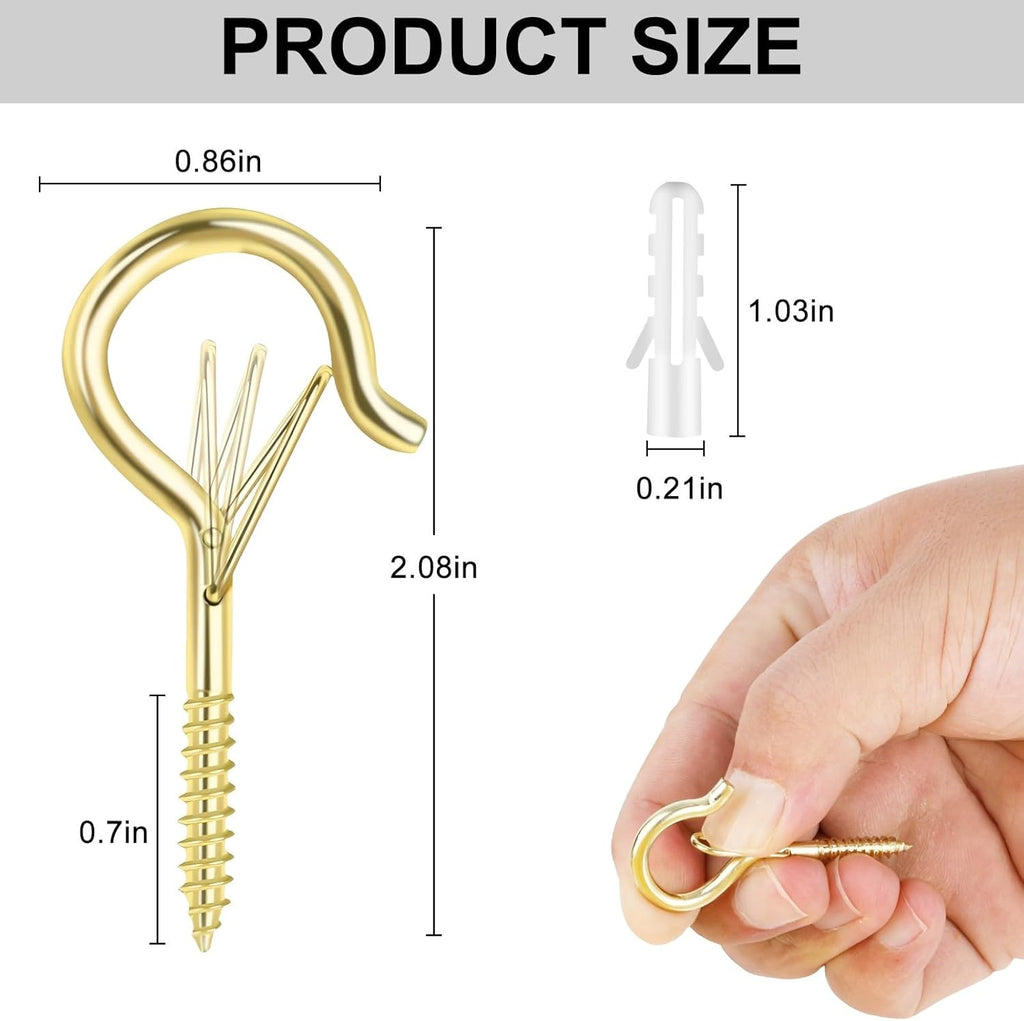 12 PCS Q-Hanger Hooks, Screw Hooks for Outdoor String Lights, Safety Buckle Design Cup Eye Hook for Hanging Christmas Lights, Plants, Wind Chimes, Mounted on Wall Ceiling, Windproof, Gold