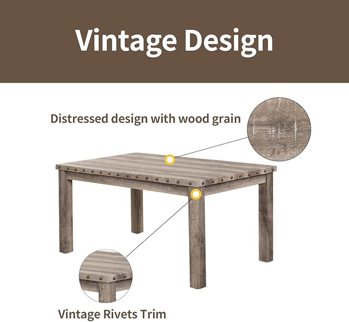 Morden Fort Farmhouse Rectangular Wooden Dining Table, Rustic 60" Kitchen & Dining Room Table with Woodgrain Tabletop, Rivet Accents & Solid Wood Legs