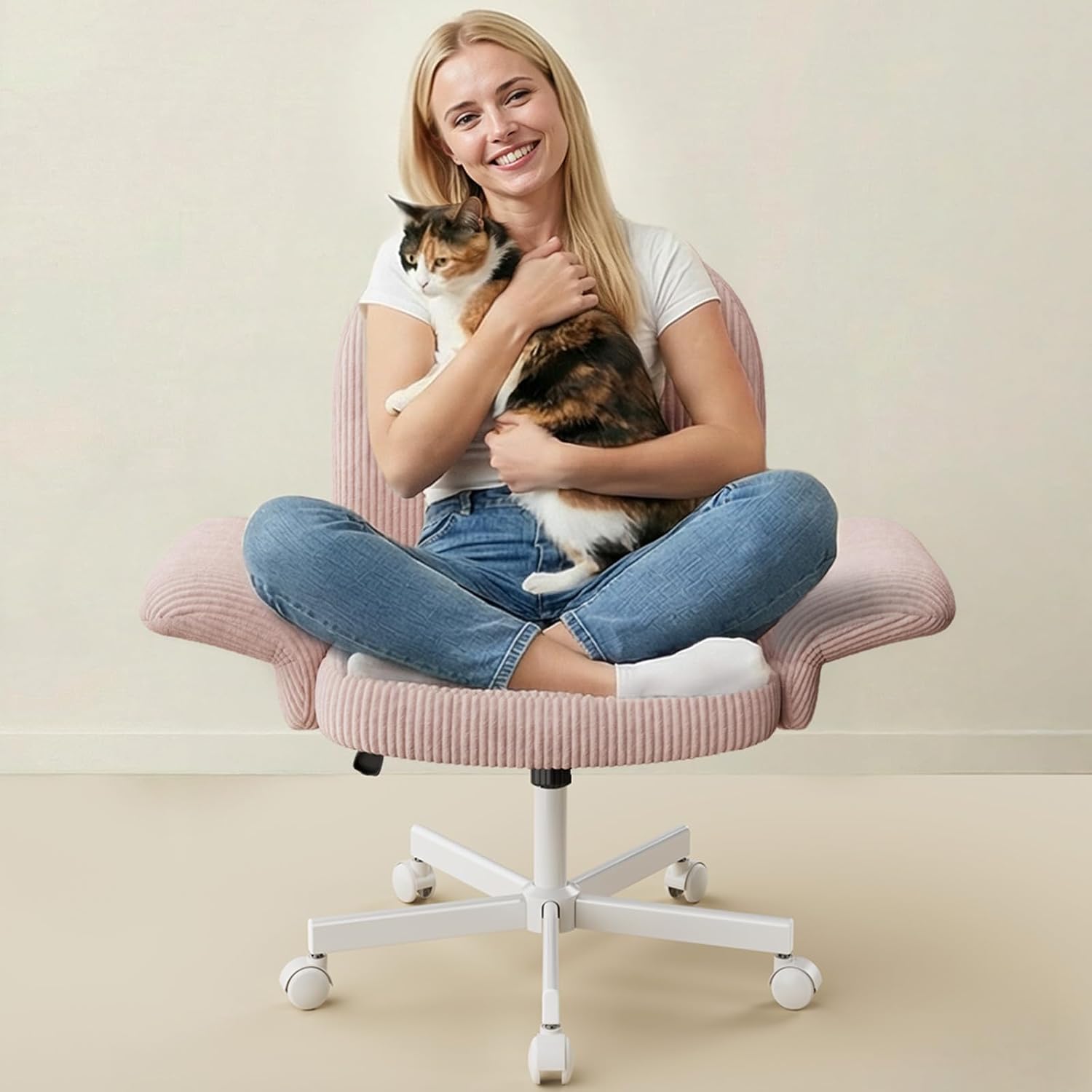 HUANUO Criss Cross Office Chair for Women, Cross Legged Desk Chair with Adjustable Armrests, Soft Corduroy Fabric for Small Spaces, Petite Home Office Computer Chair for Girls, Pink