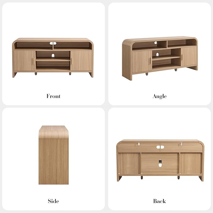 TV Stand for TVs Up to 65'' - [Unique Curved Profile, FSC-Certified Wooden Board] Entertainment Center with Adjustable Shelves and Storage Cabinet Modern Media Console for Living Room