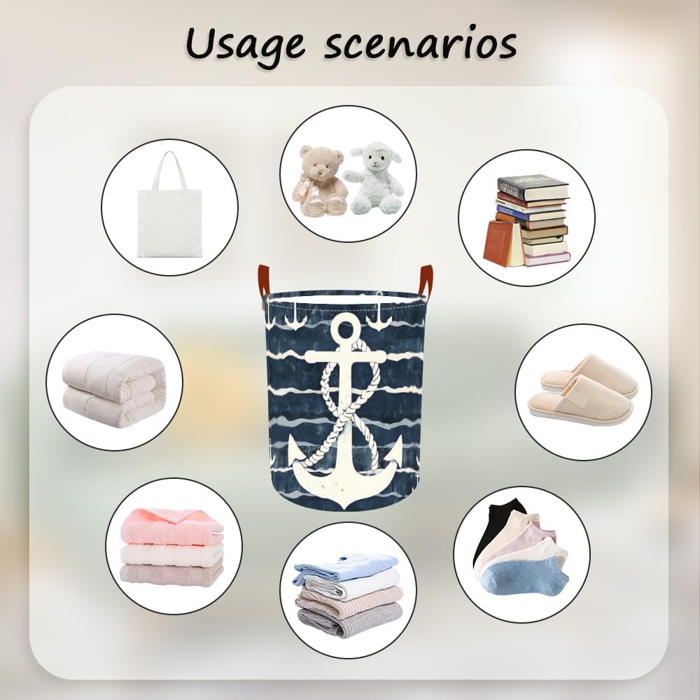 Laundry Baskets 15.7x19.7 Inch Large Nautical Anchor Design Collapsible Laundry Hamper with Handles Oxford Fabric Clothes Storage Bin Foldable Dirty Clothes Organizer for Bedroom Bathroom Dorm