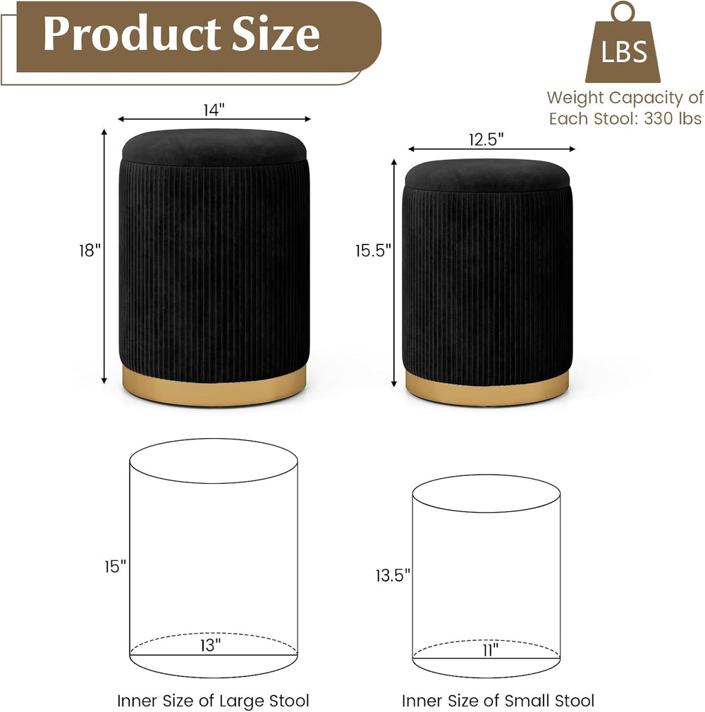 GOFLAME Round Velvet Storage Ottoman Set of 2, Upholstered Footrest with Gold...