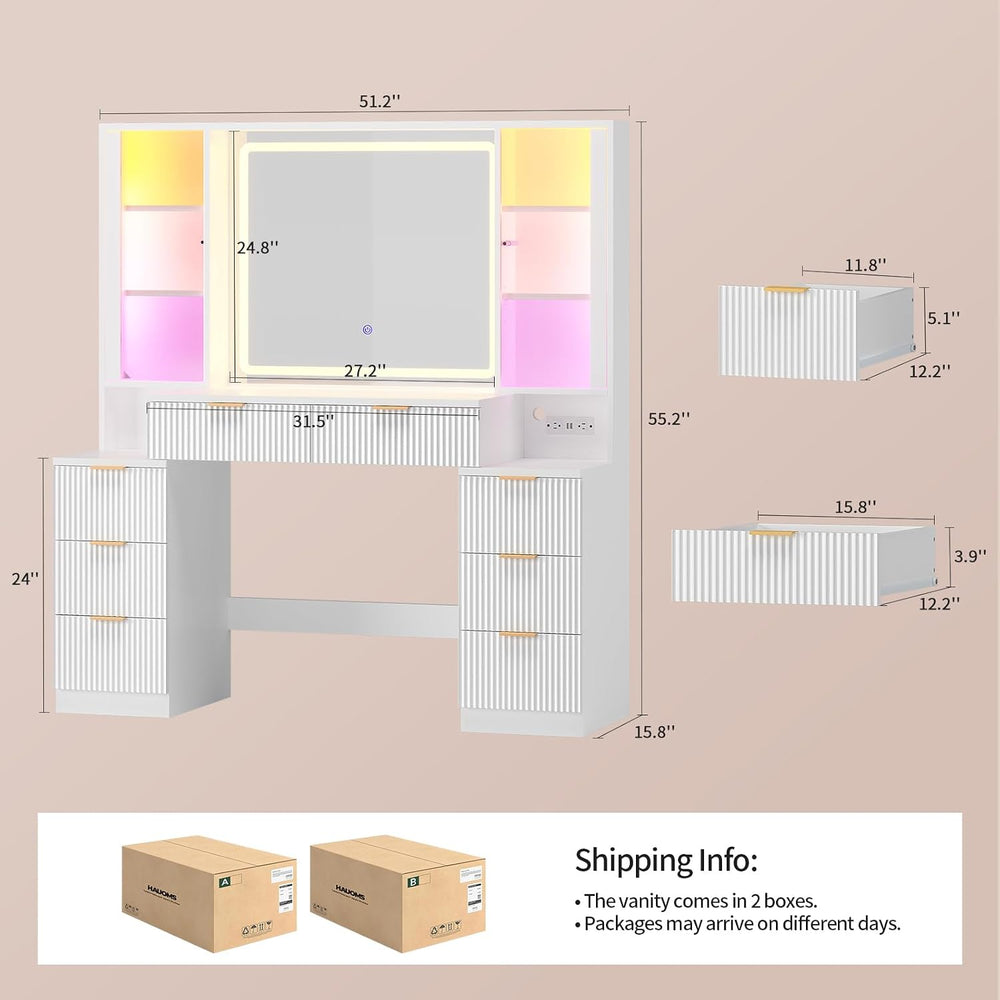 Big Vanity Desk, Fluted Makeup Vanity with Mirror Lights, Dressing Table | La...