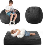 Kids Bean Bag Chair Bed - Convertible Lazy Chair to Floor Mattress with Filler - Small Beanbag Chair for Boys and Girls - Floor Couch Sofa in Bedroom, Classroom, Reading Nook - Carbon Black