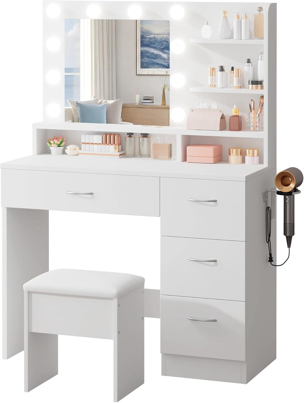 LIVELYGLOW White Makeup Vanity Desk with Charging Station & 4 Drawers | 1...