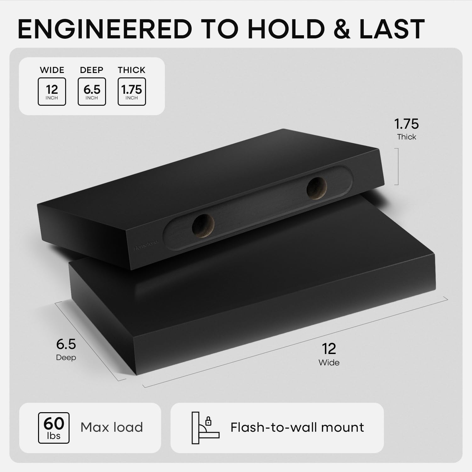 Homeforia Floating Shelf Black 12 inch, High End Solid Real Wood Small 12inch Floating Shelves for Wall Mounted, Black Wooden 12 in Floating Shelves, Heavy Duty Bracket, 12 X 6.5 X 1.75 inch, Set of 2