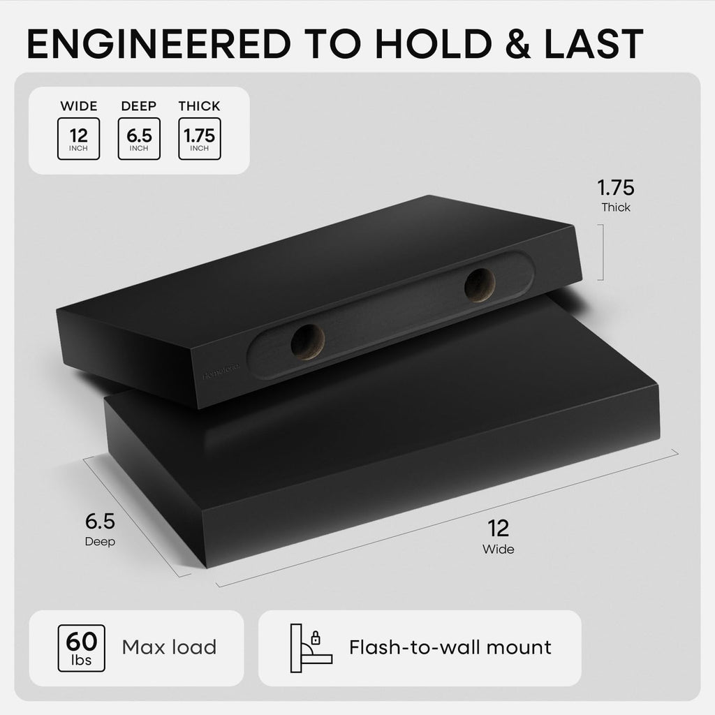 Homeforia Floating Shelf Black 12 inch, High End Solid Real Wood Small 12inch Floating Shelves for Wall Mounted, Black Wooden 12 in Floating Shelves, Heavy Duty Bracket, 12 X 6.5 X 1.75 inch, Set of 3