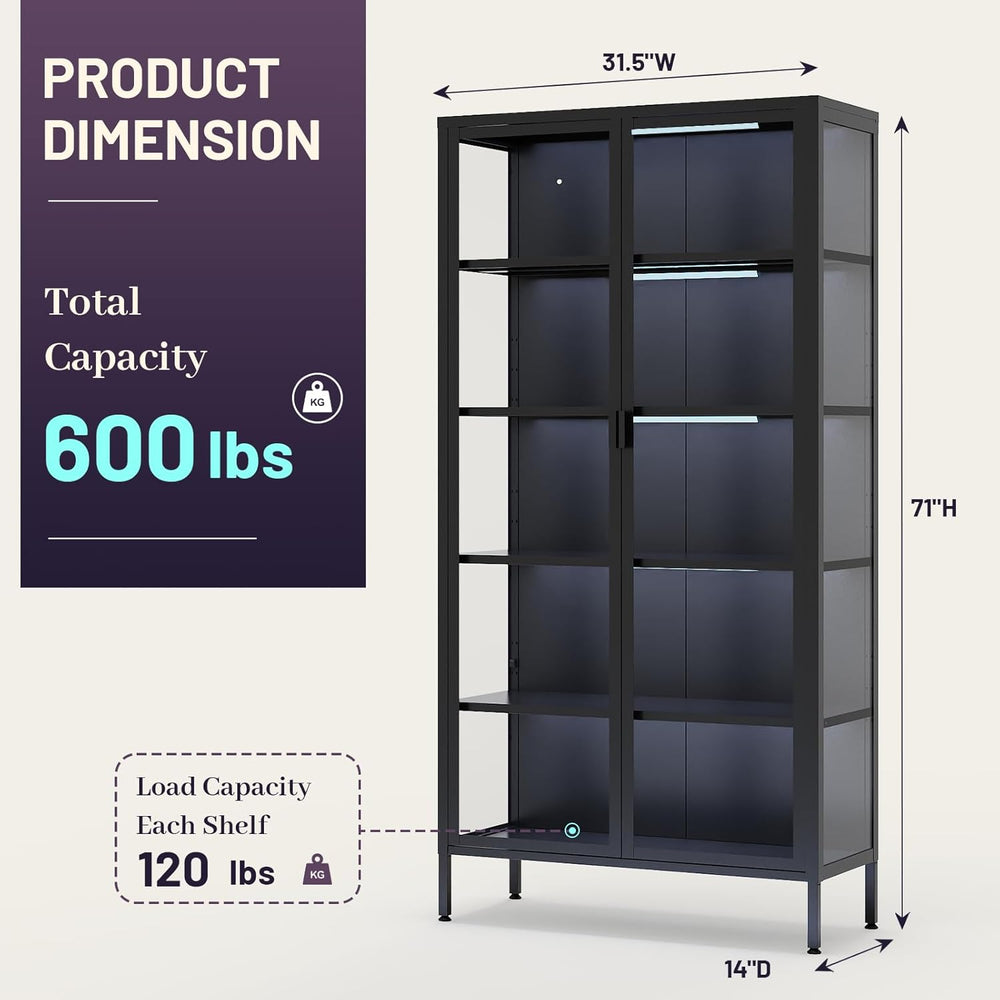 71" H Display Cabinet with Glass Doors,Display Case with LED Sensor Ligh...