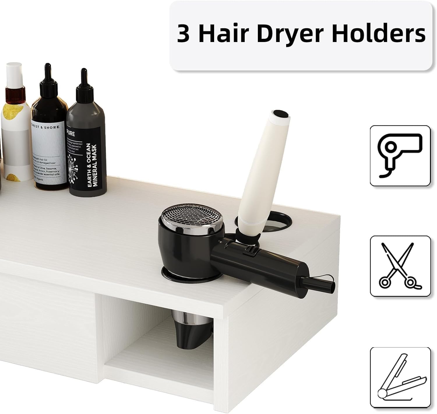 4ever2buy Salon Stations for Hair Stylist, Wall Mount Barber Station with Barber Cabinet, Hair Station Equipment Hair Dryer Holder, Drawers, Mirror not Included, White
