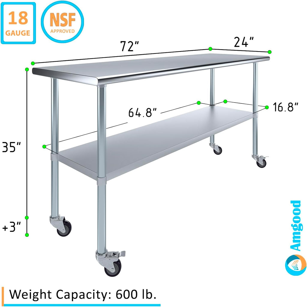 AmGood 24" x 72" Stainless Steel Work Table with Casters | Heavy Duty Metal Utility Table On Wheels | Kitchen Island Cart