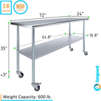 AmGood 72" Long x 24" Deep Stainless Steel Table with Casters