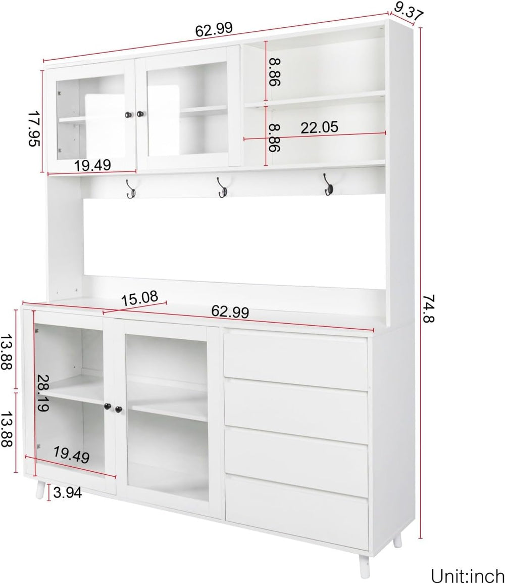 Modern White Kitchen Buffet and Hutch Storage Cabinet with Glass Doors, 4 Dra...