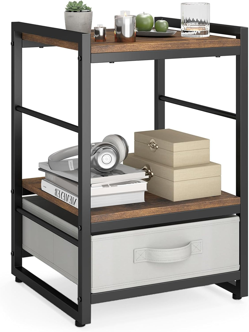 Giantex Industrial Nightstand with Storage Drawer, Rustic Bedside Table with ...