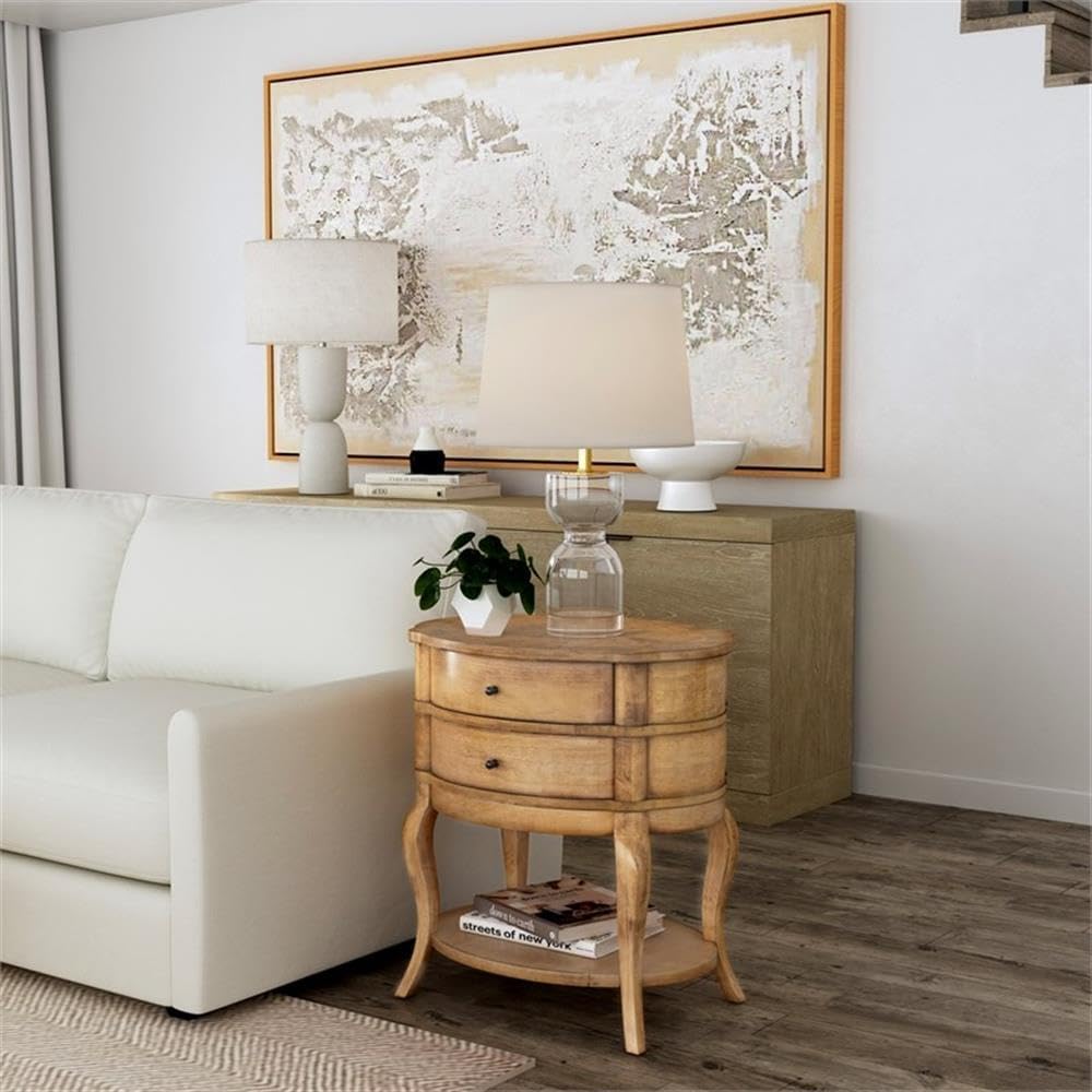Beaumont Lane Oval 2-Drawer Side Table, Antique Beige Finish, Poplar Hardwood...