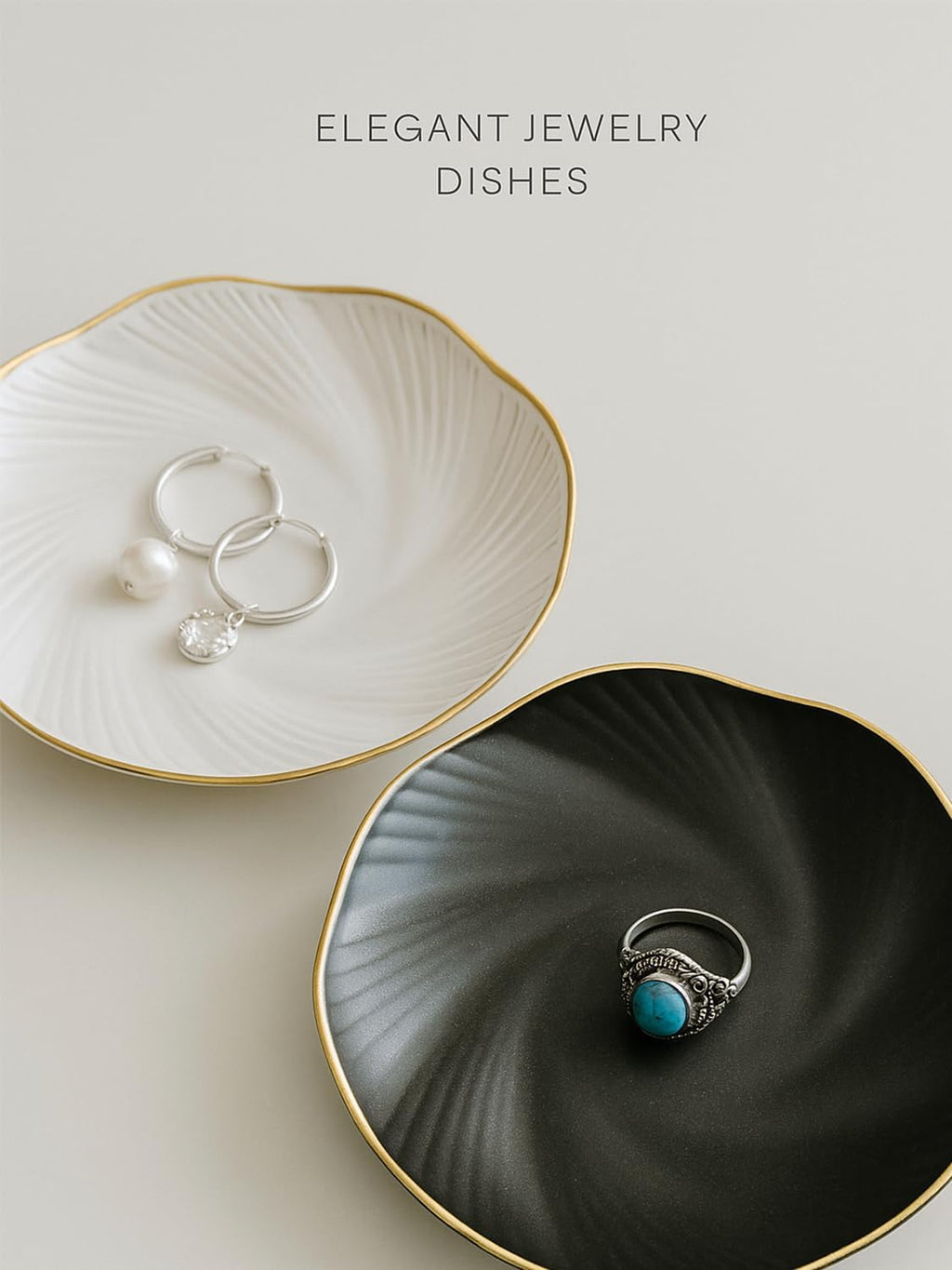 Black Ceramic Jewelry Tray with Gold Edge, 5 Inch Modern Trinket Dish for Rings & Earrings, Minimal Vanity Organizer
