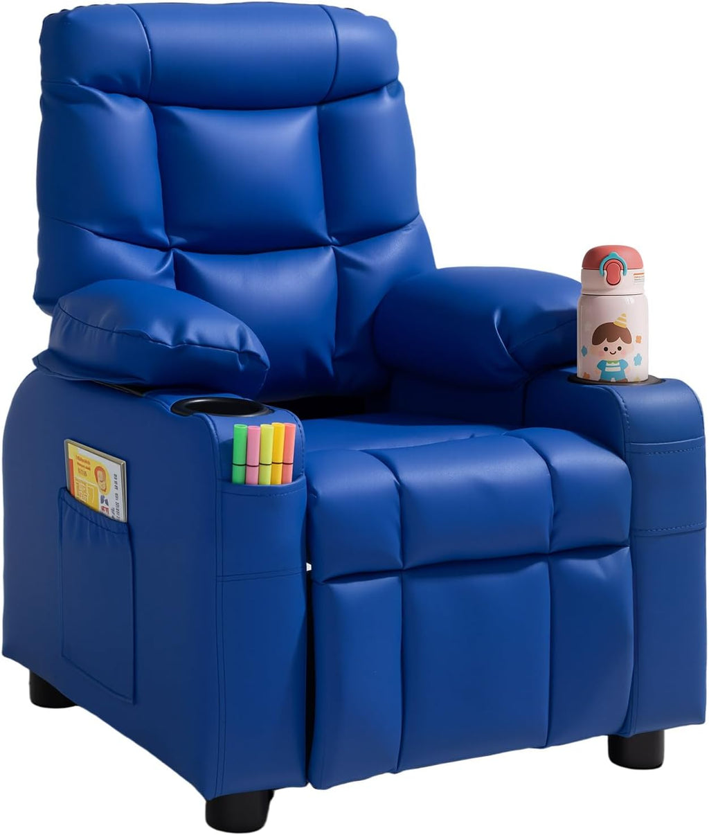 VEVOR Kids Reclining Chair, Toddler Recliner with 2 Cup Holders and 4 Pockets, 107° to 126° Adjustable Back, Easy-to-Clean PU Leather Recliner Couch with Footrest, for Boys, Girls & Children (Blue)