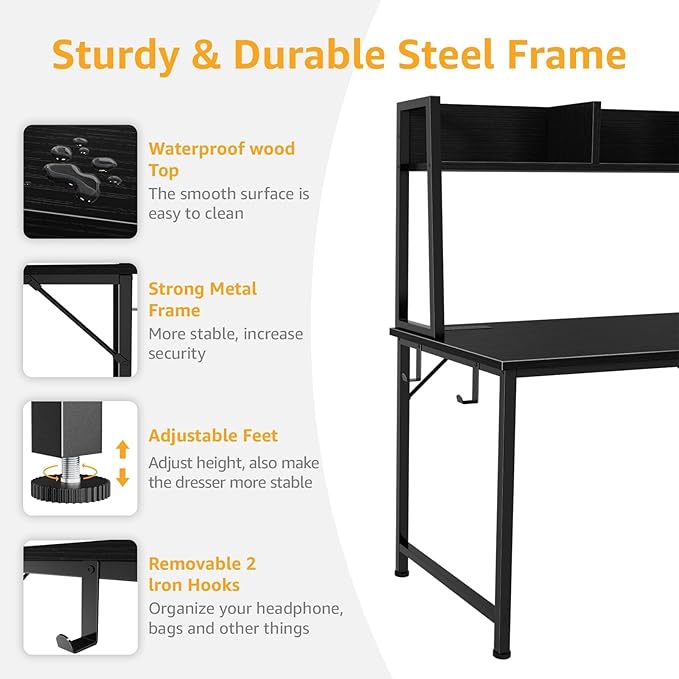 Black Computer Desk with Hutch & Drawers - Office Desk with 3 Storage Drawers and Power Outlets, 47 Inch Modern Study Writing Desk for Bedroom Home Office