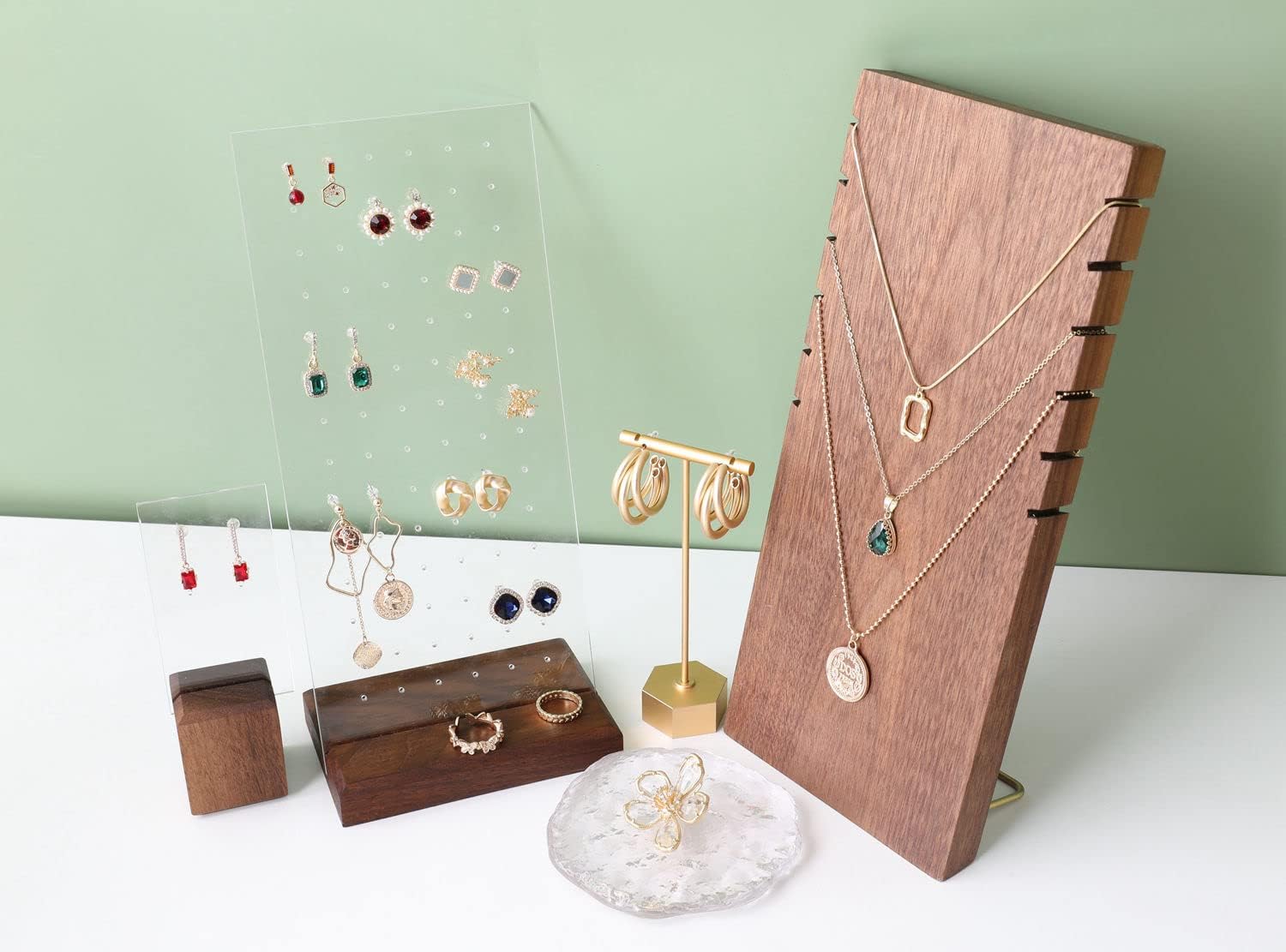 GemeShou walnut earring display for selling jewelry, wooden earring holder for studs display, small jewelry studs display board for show【Wood stand with acrylic board-Walnut】