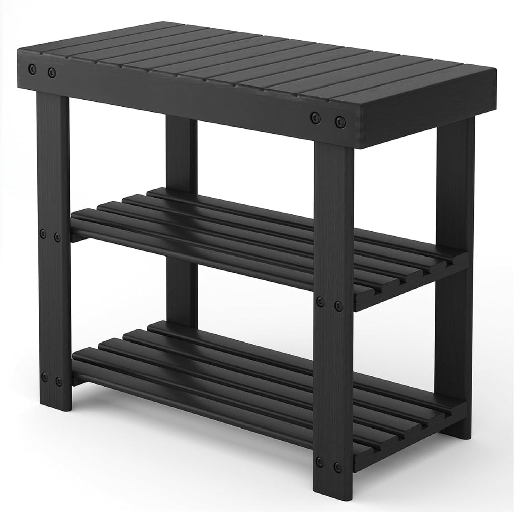 Simple Deluxe Shoe Rack Bench, 3-Tier Bamboo Storage Organizer, 286lb Capacity Entryway Bench for Front Door, Bedroom, Living Room, Bathroom, Balcony, Stylish Shoes Black (11.3 x 19.7 x 17.8 Inches)