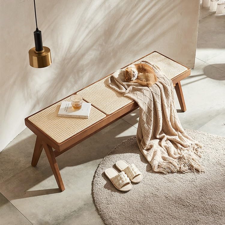 Entryway Stool Rattan Wooden Shoe Bench Bedroom Bedside Bench Wabi-sabi Style...