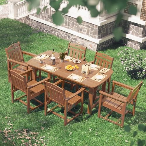 HDPE Outdoor Dining Set, Patio Table and 6 Chairs, 2" Umbrella Hole, Teak