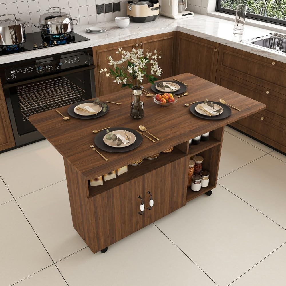 Folding Dining Table with Wheels, Drop Leaf Dinner Table with 2-Layer Storage...