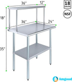 Stainless Steel Work Table with Wide Single Tier Overshelf | Metal Kitchen Prep Table & Shelving Combo (24" x 36" Work Table + 12" Overshelf)