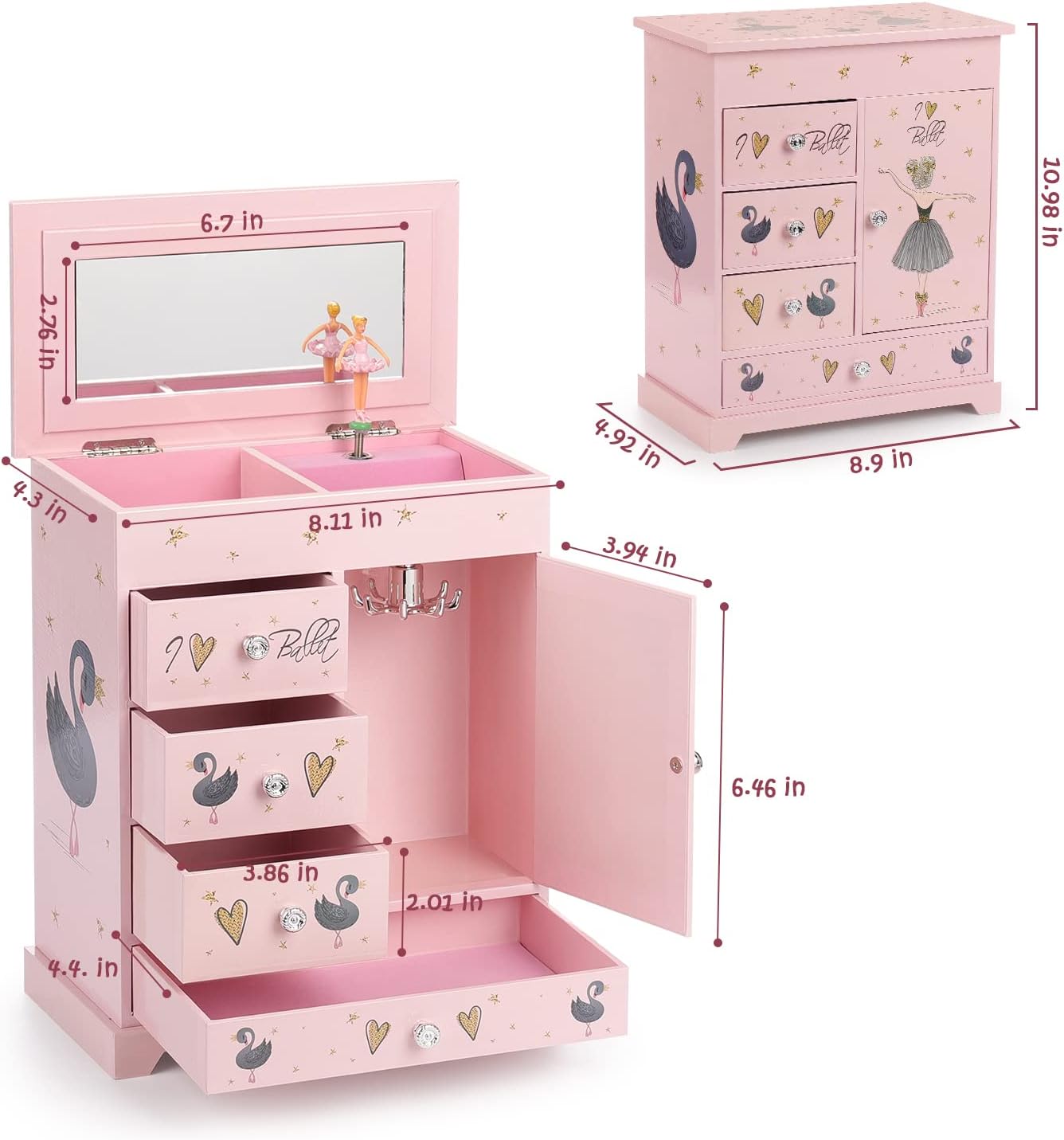 Jewelry Box for Girls 8.9 x 4.92 x 10.98 inch Large 5 Layer Music Box with Spinning Ballerina with Unicorn Necklace & Bracelet Set Jewelry Organizer for Kids Birthday Christmas Gift Pink