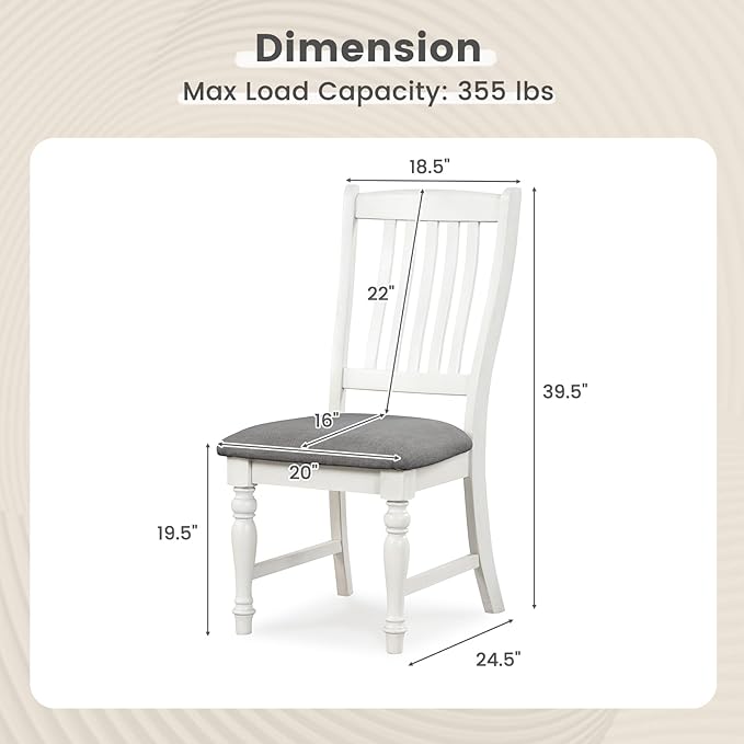 Giantex Wood Dining Chairs Set of 4, Farmhouse Kitchen Chairs with Solid Wood Frame, Max Load 355 Lbs, Armless Upholstered Dining Side Chairs with Cushion Seat, Slat Back Dining Room Chair, White