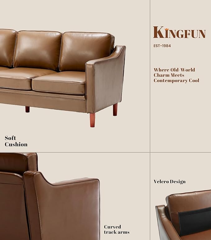 Kingfun Living Room Furniture Sets, 3 Seater Couch and 2 Armchair, Mid Century Modern Sofa Set, Faux Leather Couch with Solid Wood Frame for Living Room & Bedroom, Brown