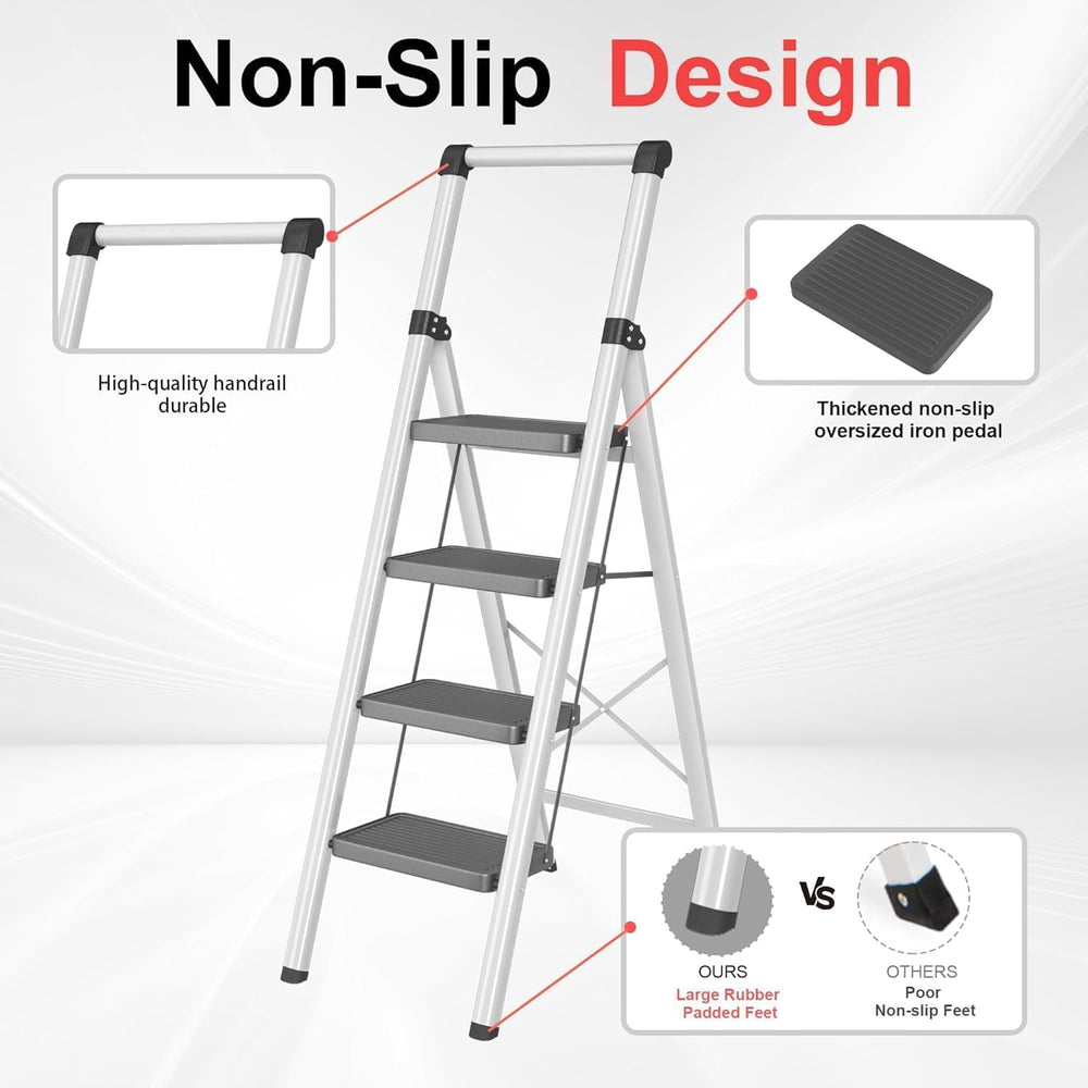 Step Ladder Foldable Folding Stool - 4 Step Stool with Wide Anti-Slip Pedal, ...