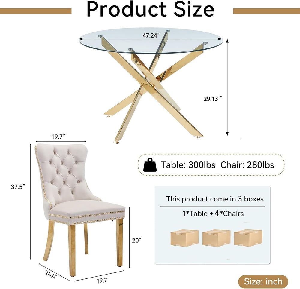 Round Glass Dining Table Set for 4, Small Kitchen Table Set for 4, 47" C...