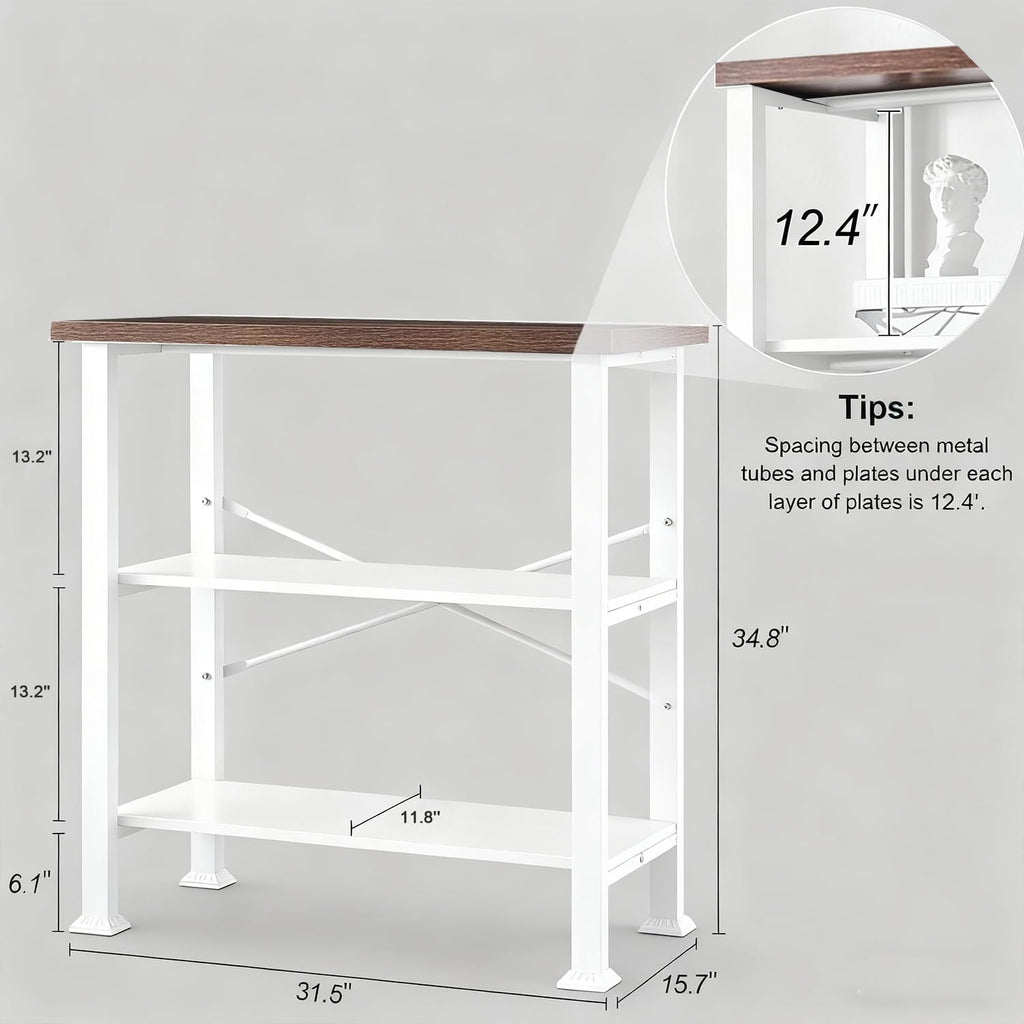Hombazzar 3 Tier Book Shelf,31.5" Wide White and Brown Short Bookshelf | Multipurpose Design for Living Room,Office,Bedroom. Retro Industrial Design,Stability,Adjustable Feet,Easy Assembly