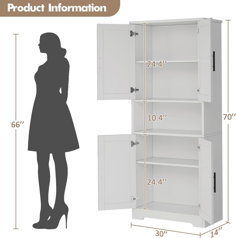 Tall Kitchen Pantry Cabinet with 4 Doors, 70 Inch Freestanding Storage Sidebo...