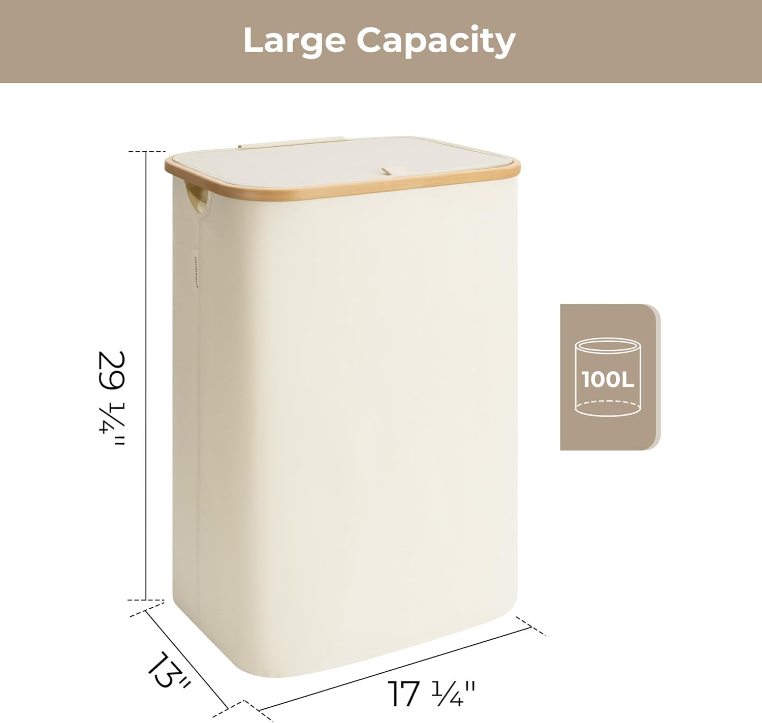 StorageWorks 100L Large Laundry Hamper with Lid, Tall Laundry Basket with Bamboo Handles and 1 Removable Inner Bag, Collapsible Laundry Hamper for Clothing, Towels, Beige, 1-Pack