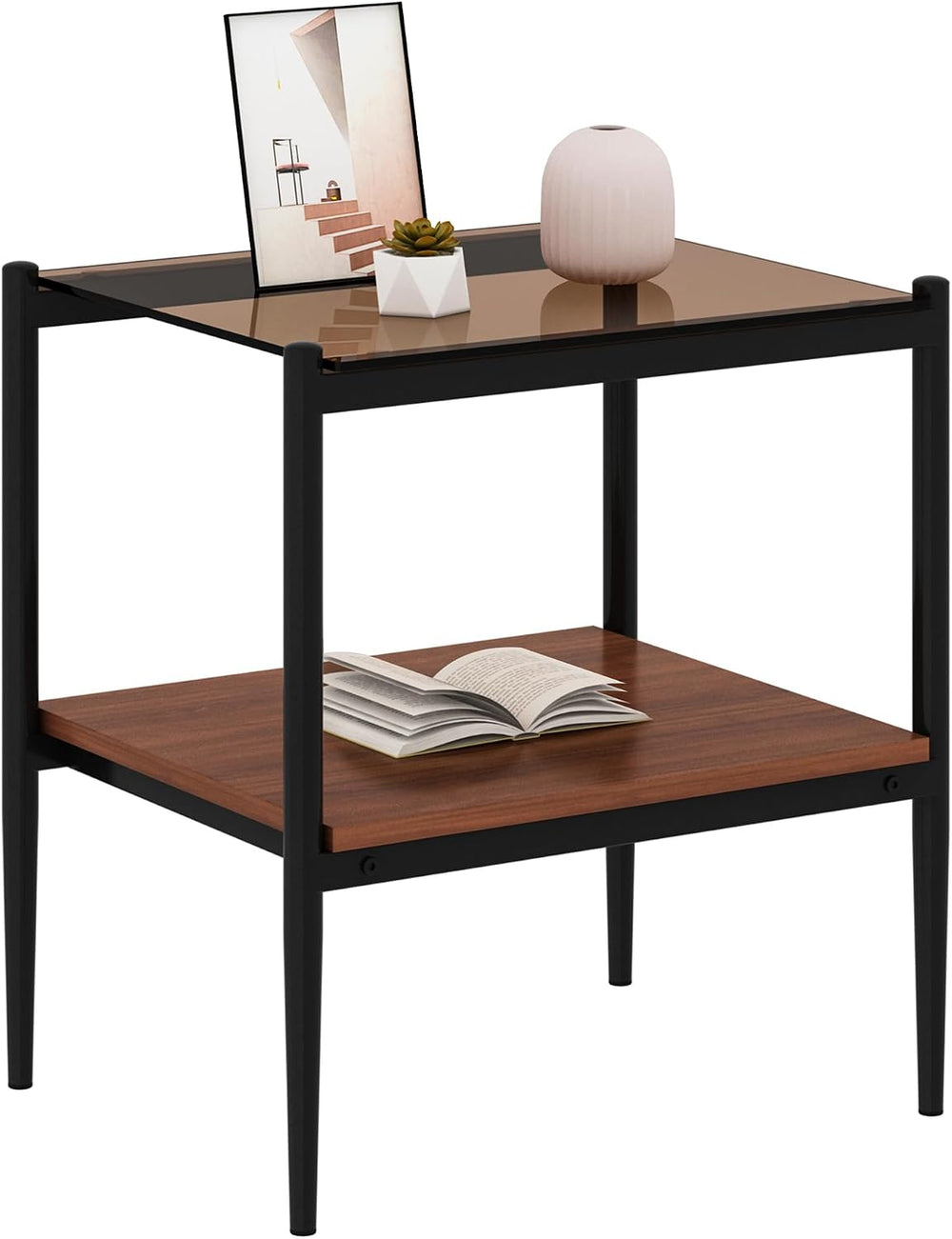 Set of 2 Rectangle End Tables, Tempered Glass Top, Brown | MDF shelf, iron le...